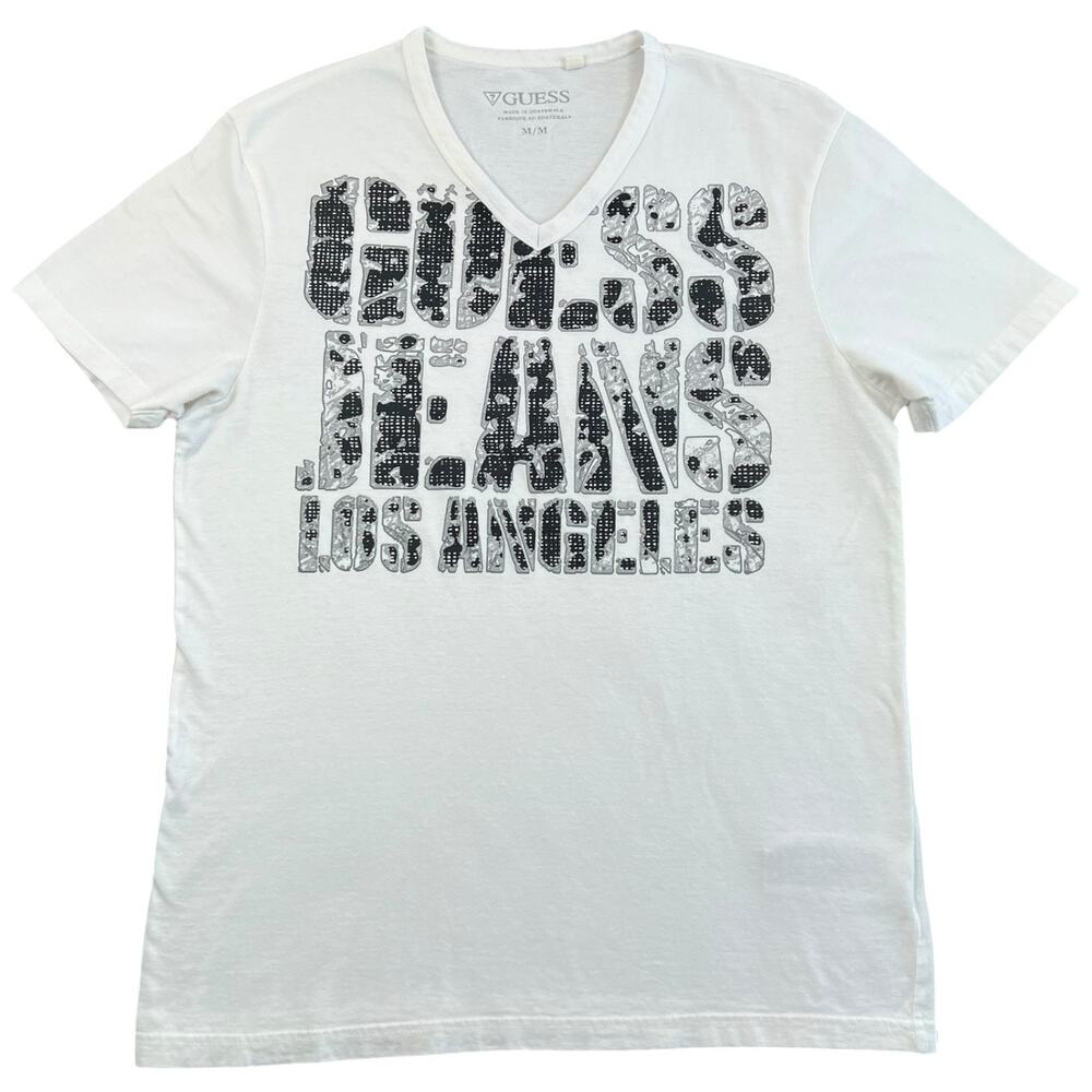 Guess Jeans Los Angeles Graphic V-Neck T-Shirt White 2000s - Men’s M